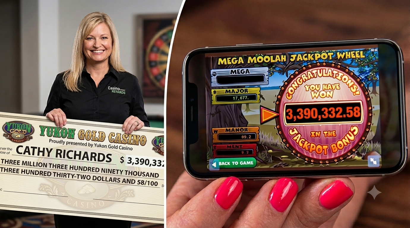 Cathy Richards holding Yukon Gold Casino jackpot cheque